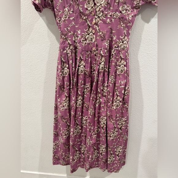 Vintage Herman Geist 100% Cotton Floral Retro Fit Maxi Purple Cream Dress 12 - Picture 8 of 14